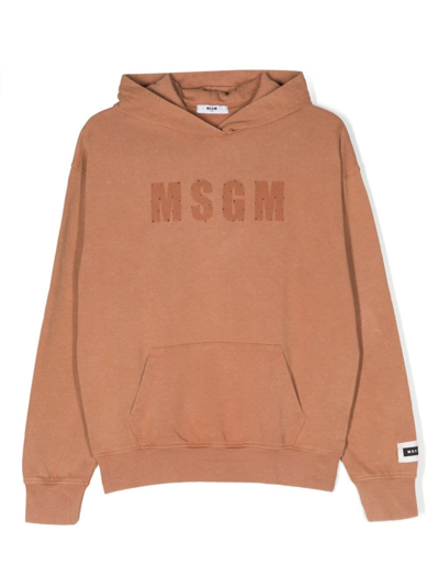 Msgm Kids' Logo-print Cotton Hoodie In Brown