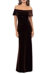 Xscape Off-the-shoulder Velvet Gown In Brown