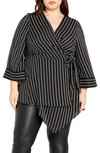 City Chic Trendy Plus Size Jemma V-neck Wrap Top In Black White Stripe