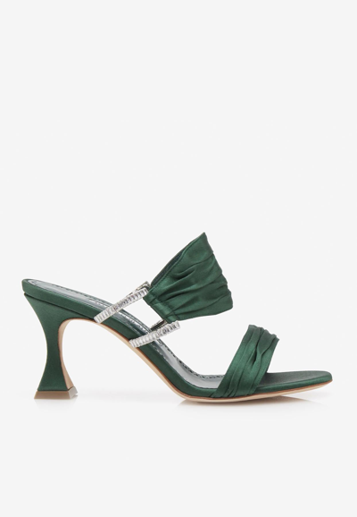 Manolo Blahnik Chinap Ruched Satin Mule Sandals In Green