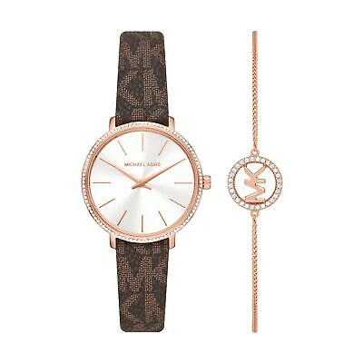 Pre-owned Michael Kors Womens Wristwatch + Bracelet  Pyper Mk1036 Leather Brown Gold Rose