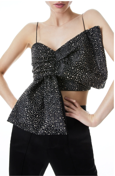 Pre-owned Alice And Olivia Beline Embellished Bow Crop Top, Black - Retail $660