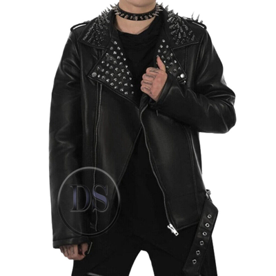 Pre-owned Handmade Men's Rock Punk Gothic Fashion Jacket, Genuine Leather, Long Spiked Jacket In Same As Shown In Picture