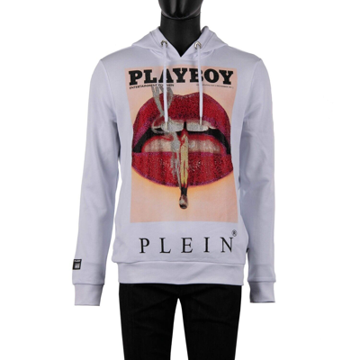 Pre-owned Philipp Plein X Playboy Lips Printed Hoodie Sweatshirt Crystals Logo White 08357