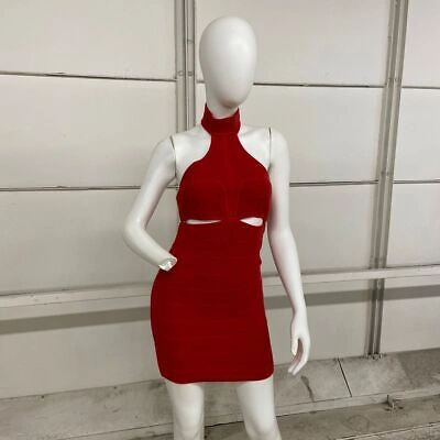 Pre-owned Herve Leger Wool-blend Mini Dress Women's Size S Red Lacquer