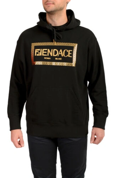 Pre-owned Fendace Men's Black&gold Logo Embroidery Hooded Sweatshirt Hoodie Us L It 52