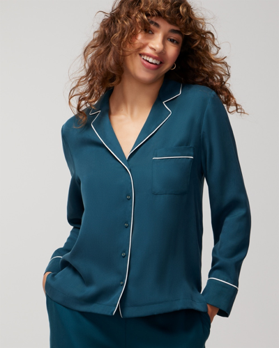 Soma Women's Woven Long Sleeve Notch Collar Top In Teal Size Small |