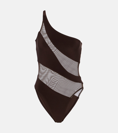 Norma Kamali Snake Mesh Mio Paneled Swimsuit In Brown