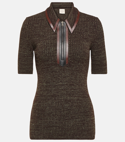 Tod's Leather-trimmed Wool Polo Shirt In Brown