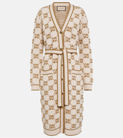Gucci Gg Jacquard Wool Cardigan In Beige