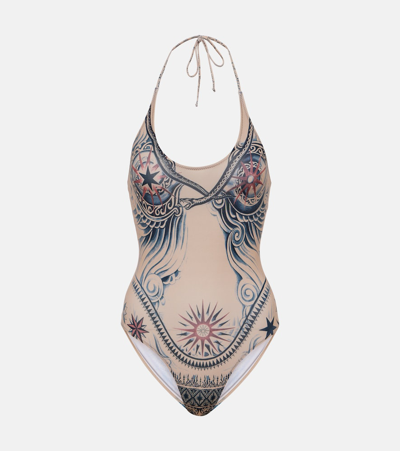 Jean Paul Gaultier Tattoo Print Swimsuit In Beige