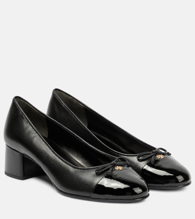 Tory Burch Mixed Leather Cap-toe Ballerina Pumps In Black
