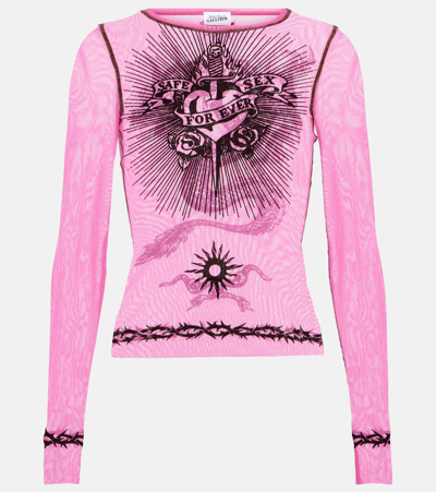 Jean Paul Gaultier Tattoo Collection Printed Tulle Top In Pink