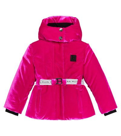 Balmain Kids' Detachable-hood Velvet Padded Jacket In Pink