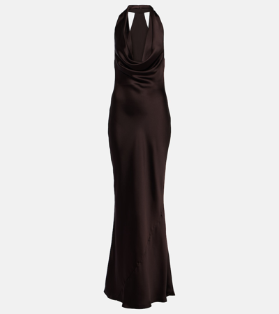 Norma Kamali Halterneck Draped Satin Gown In Brown