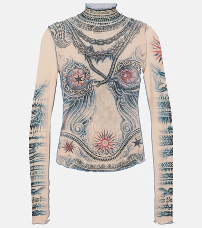 Jean Paul Gaultier Tattoo-print Mesh Top In Beige