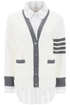 Thom Browne Layered Striped Oxford Cotton And Knitted Cardigan In White, Grey