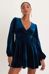 Lulus Sincerely Charming Dark Teal Velvet Long Sleeve Wrap Mini Dress In Teal