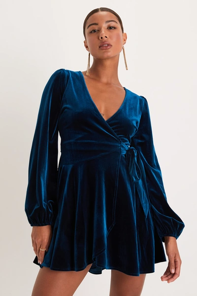 Lulus Sincerely Charming Dark Teal Velvet Long Sleeve Wrap Mini Dress