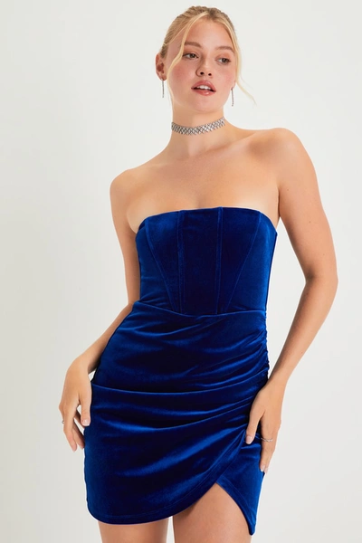 Lulus Glamorous Celebration Royal Blue Velvet Strapless Mini Dress