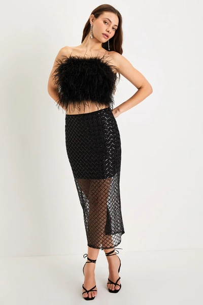 Lulus Effortless Glamour Black Sheer Mesh Sequin High Rise Midi Skirt