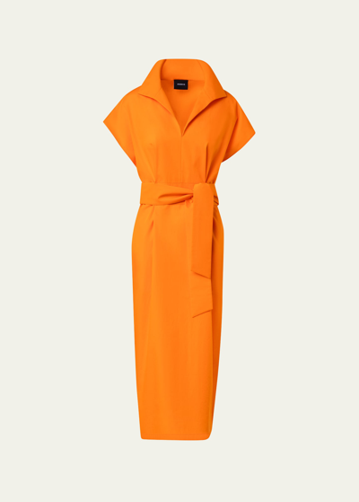 Akris Cap-sleeve Waist-sash Cotton Silk Midi Shirtdress In 026 Pumpkin