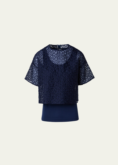 Akris St.gallen Embroidered Organza Cropped Blouse In Navy