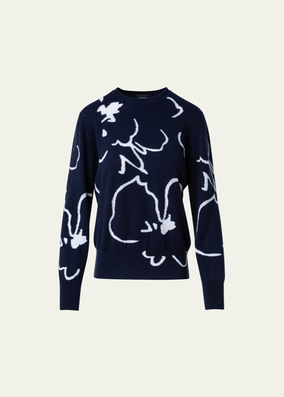 Akris Sketched Abraham Flower Intarsia Cashmere Sweater In Navy Cream