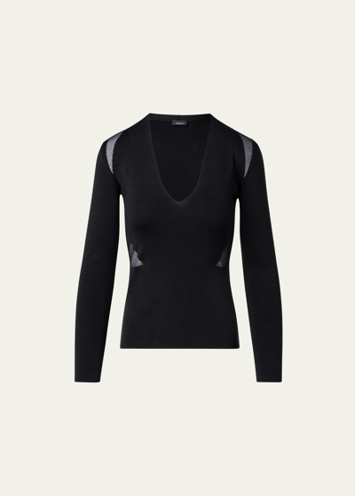 Akris V-neck Fitted Sweater With Transparent Insets In Black