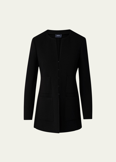 Akris Collarless Wool Double-face Stretch Long Fitted Jacket In Black