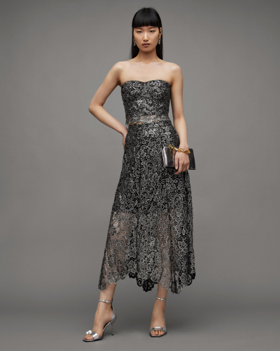 camila broderie asymmetric hem dress Allsaints Midi Skirt In Gunmetal Grey Band size:85 shoulder style 1st Fall Birthday Celebration Dress