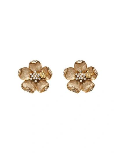 Oscar De La Renta Ladybug Flower Gold-tone Crystal Clip Earrings