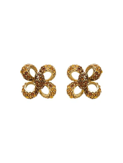 Oscar De La Renta Small Crystal Clover Earrings In Gold