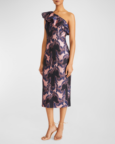 ml Monique Lhuillier Lina One-shoulder Metallic Jacquard Midi Dress In Navyrose Gold