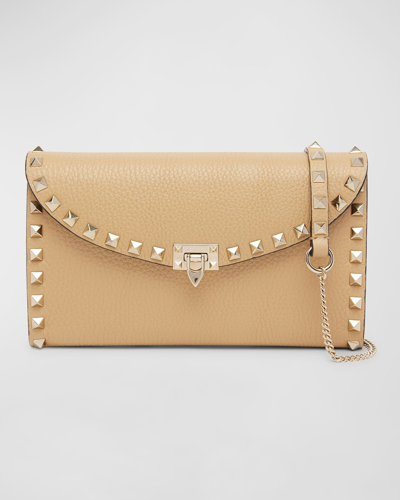 Valentino Garavani Rockstud Flap Leather Wallet On Chain In Cappuccino