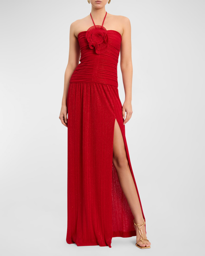 Rebecca Vallance Samantha Side-slit Shimmer Halter Gown In Red