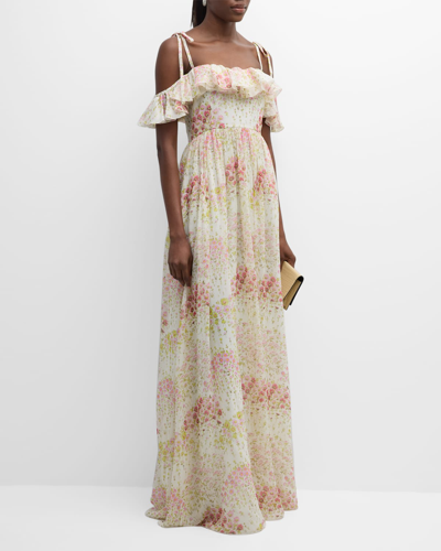 Giambattista Valli Floral-print Ruffle Off-the-shoulder Silk Georgette Gown In Flower Field