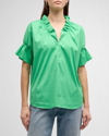 Finley Crosby Flounce Neck & Sleeve Silky Poplin Shirt In Green