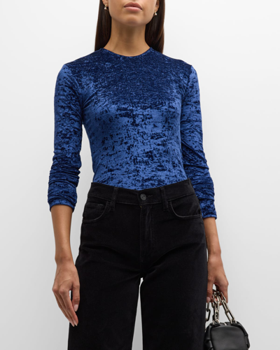 Frame Long Sleeve Crushed Velvet Top In Blue