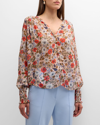 Veronica Beard Neha Floral Smocked Long-sleeve Top In Line Florl Coral