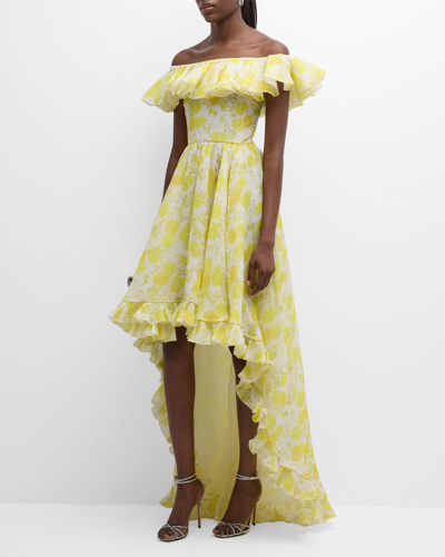Giambattista Valli Floral-print Ruffle Off-the-shoulder Silk Georgette High-low Dress In Yellow Hydrangea