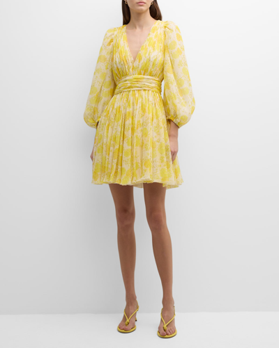 Giambattista Valli Floral-print Balloon-sleeve Silk Georgette Mini Dress In Yellow Hydrangea