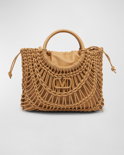 Valentino Garavani Allover Knot Braided Drawstring Tote Bag In Cappuccino