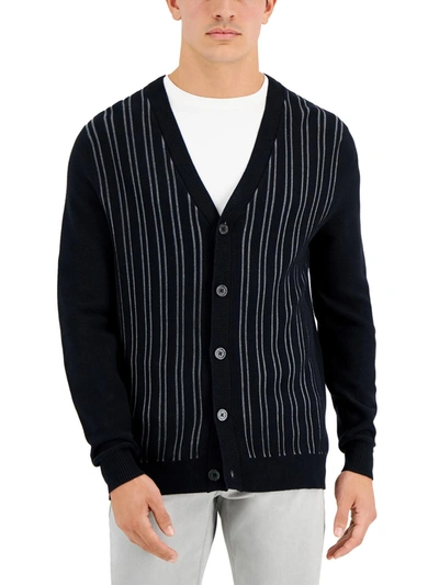 Alfani Mens Stripe V-neck Cardigan Sweater In Black