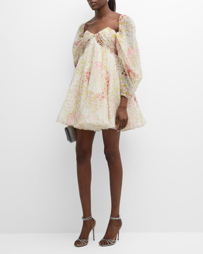 Giambattista Valli Floral-print Sweetheart-neck Long-sleeve Empire-waist Mini Dress In Flower Field