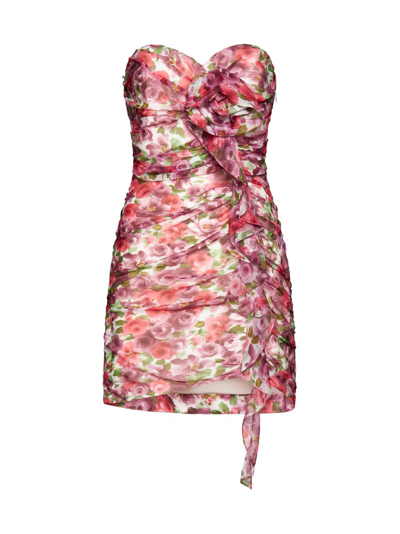 Alessandra Rich Strapless Gathered Appliquéd Floral-print Silk-georgette Mini Dress In Mixed Colours