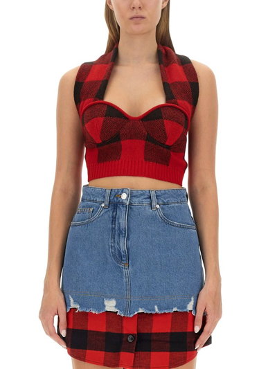 Moschino Jeans Sweetheart Neck Checked Cropped Top In Multi