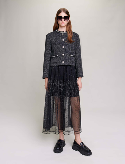 Maje Faux Pearl-embellished Tweed Jacket In Black/glitter /
