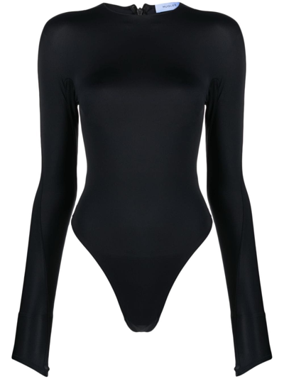 Mugler Logo-embossed Long-sleeved Bodysuit In Black