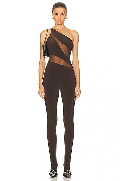 Norma Kamali Snake One-shoulder Mesh-paneled Stretch-jersey Jumpsuit In Chocolate Mesh